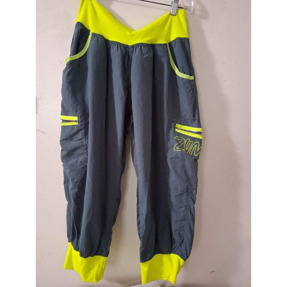 Zumba Wear Womens XL Gray‎ Neon Yellow Cargo Dance Pants Zipper Pockets Tapered